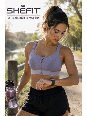 SHEFIT Ultimate Sports Bra XL Purple Front Zip High Impact Running Adjustable